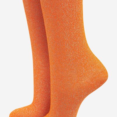 Womens Cotton Blend All Over Glitter Ankle Socks with Scalloped Cuff in Tangerine