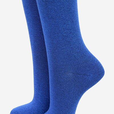 Womens Cotton Blend All Over Glitter Ankle Socks Scalloped Cuff in Electric Blue