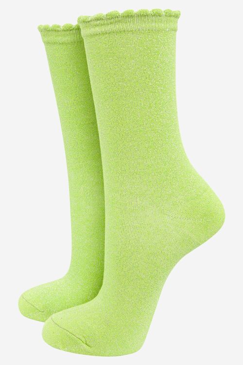 Womens Cotton Blend All Over Glitter Ankle Socks Scalloped Cuff in Lime