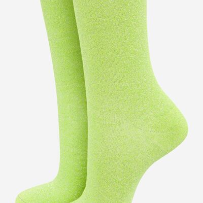 Womens Cotton Blend All Over Glitter Ankle Socks Scalloped Cuff in Lime