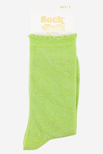 Socquettes en coton mélangé à paillettes pour femme, revers festonné en citron vert 4