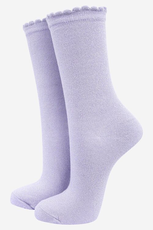 Womens Cotton Blend All Over Glitter Ankle Socks Scalloped Cuff in Lilac