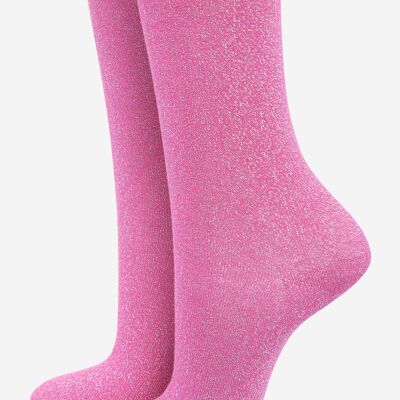 Womens Cotton Blend All Over Glitter Ankle Socks with Scalloped Cuff in Hot Pink