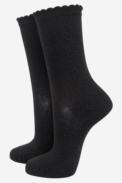 Womens Cotton Blend All Over Glitter Ankle Socks Scalloped Cuff in Black