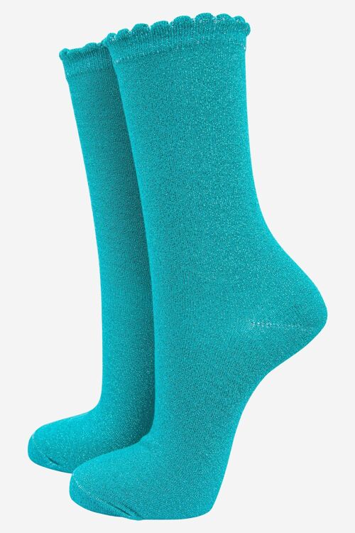 Womens Cotton Blend All Over Glitter Ankle Socks Scalloped Cuff in Aqua