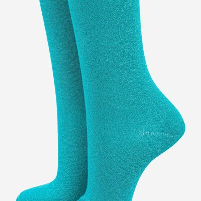 Socquettes en coton mélangé à paillettes pour femme, revers festonné en aqua