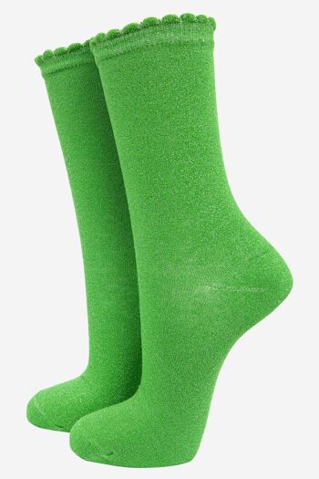 Socquettes en coton mélangé à paillettes pour femme, manchette festonnée en vert pomme 1