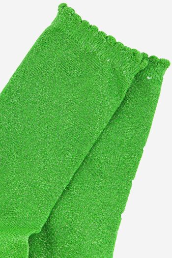 Socquettes en coton mélangé à paillettes pour femme, manchette festonnée en vert pomme 2
