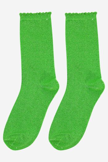 Socquettes en coton mélangé à paillettes pour femme, manchette festonnée en vert pomme 3