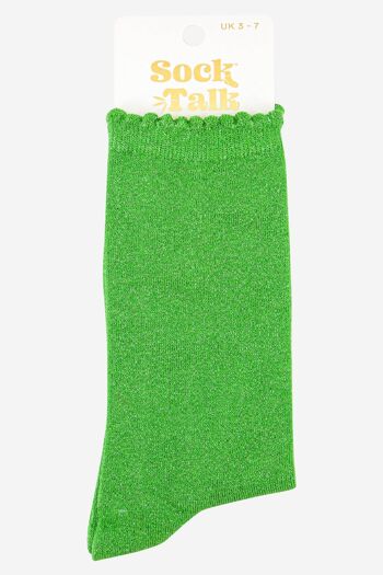 Socquettes en coton mélangé à paillettes pour femme, manchette festonnée en vert pomme 4