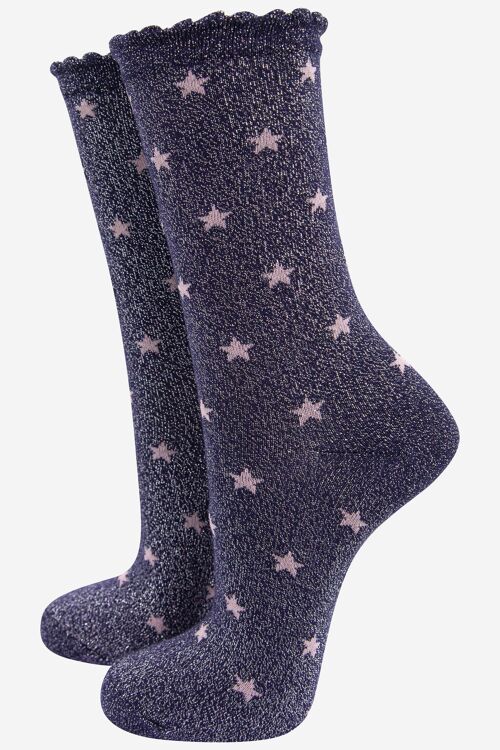 Women's Cotton Glitter Socks Scalloped Top Star Print Navy Blue