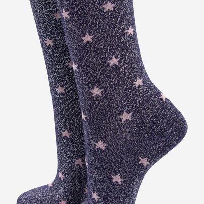 Women's Cotton Glitter Socks Scalloped Top Star Print Navy Blue