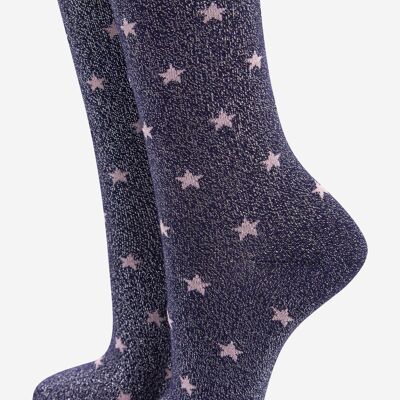 Calcetines de algodón con purpurina para mujer, parte superior festoneada, estampado de estrellas, azul marino