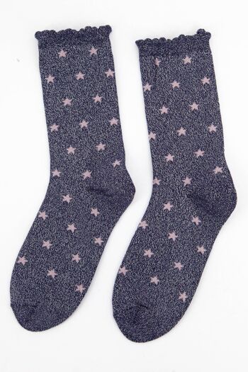 Chaussettes Femme Coton Paillettes Haut Festonné Imprimé Étoiles Bleu Marine 3