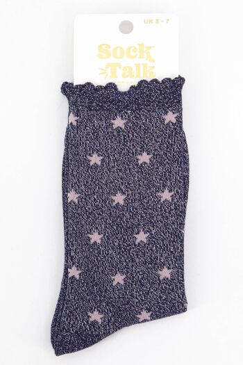 Chaussettes Femme Coton Paillettes Haut Festonné Imprimé Étoiles Bleu Marine 4