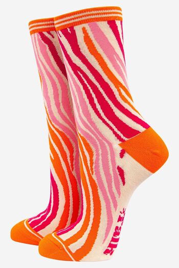 Chaussettes en bambou à imprimé zèbre pour femmes en orange rose 1