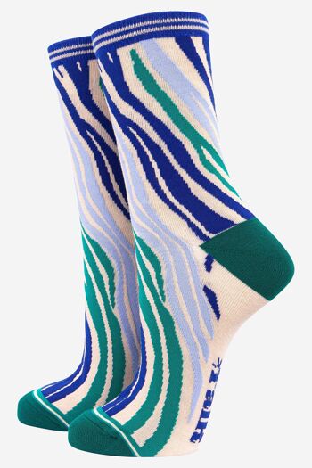 Chaussettes en bambou à imprimé zèbre pour femme en vert bleu 1