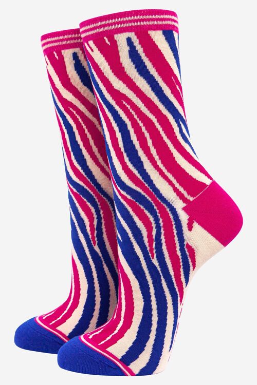 Women's Zebra Print Bamboo Socks in Blue Hot Pink