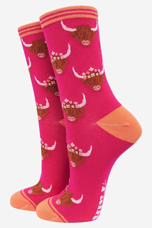 Women's Highland Cow With Floral Crown Bamboo Socks in Pink Orange