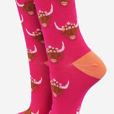 Women's Highland Cow With Floral Crown Bamboo Socks in Pink Orange