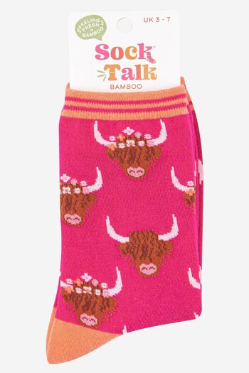 Chaussettes en bambou Highland Cow avec couronne florale pour femme en rose orange 4