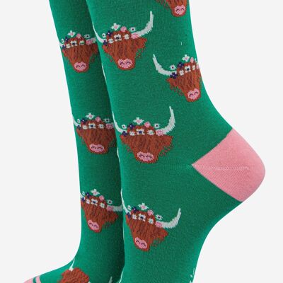 Women's Highland Cow With Floral Crown Bamboo Socks in Green Pink
