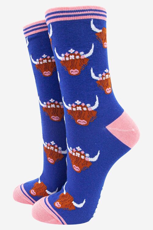 Women's Highland Cow With Floral Crown Bamboo Socks in Blue Pink