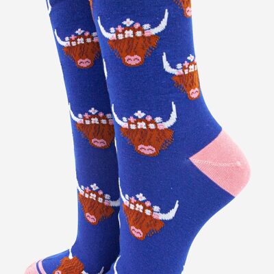 Women's Highland Cow With Floral Crown Bamboo Socks in Blue Pink