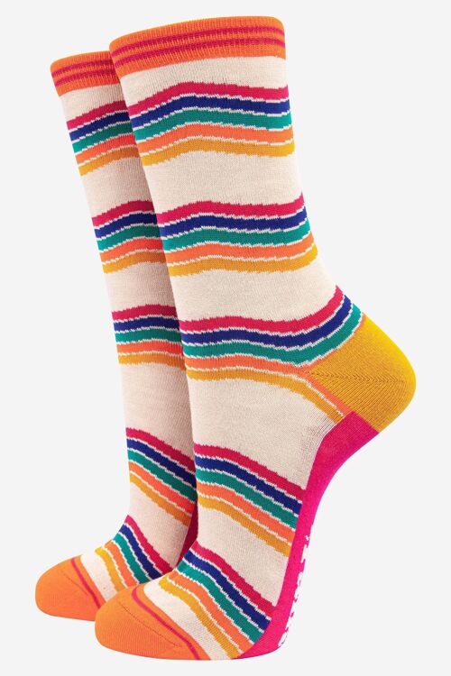 Women's Rainbow Stripe Bamboo Socks in Cream Multicoloured