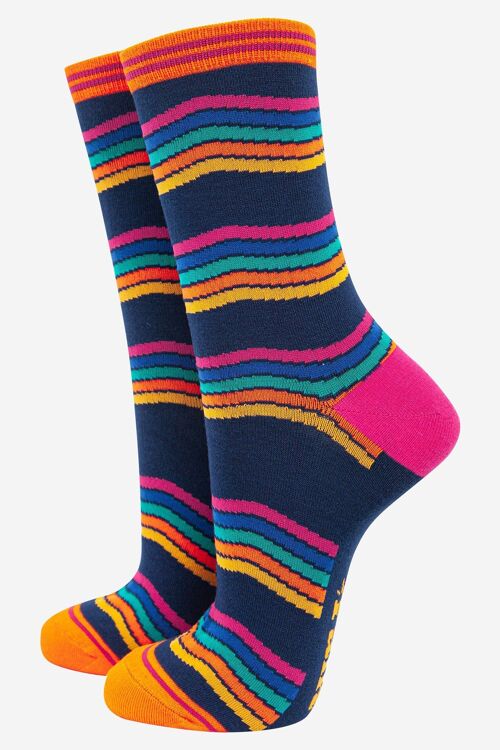 Women's Rainbow Stripe Bamboo Socks in Navy Blue Multi