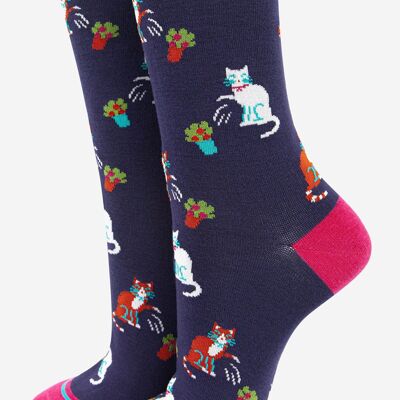 Women's Clumsy Cats and Flower Pots Bamboo Socks in Navy Blue