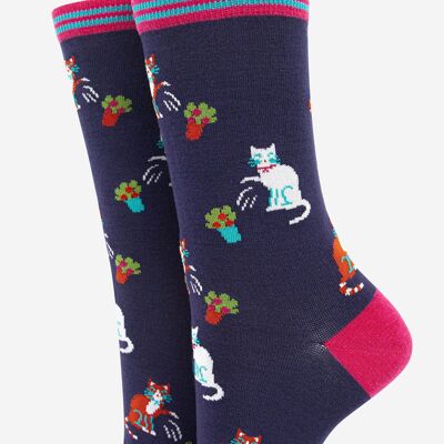 Women's Clumsy Cats and Flower Pots Bamboo Socks in Navy Blue