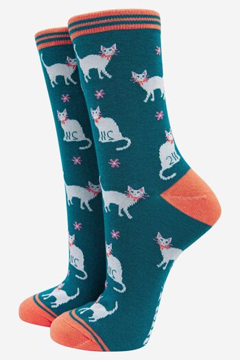 Chaussettes d'été en bambou pour femmes, motif floral, chat blanc 1