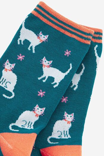 Chaussettes d'été en bambou pour femmes, motif floral, chat blanc 2