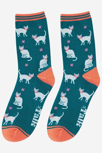 Chaussettes d'été en bambou pour femmes, motif floral, chat blanc 3