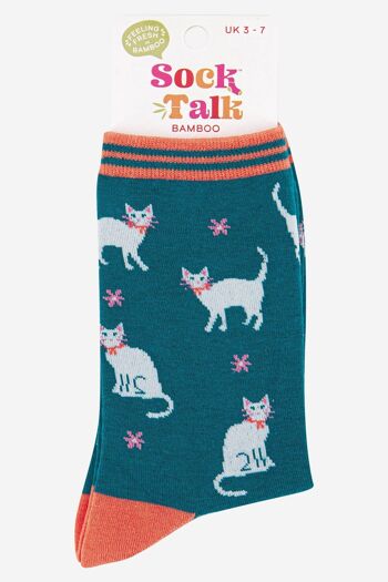 Chaussettes d'été en bambou pour femmes, motif floral, chat blanc 4