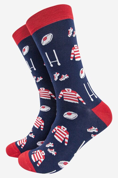 Men's Rugby Kit and Goal Print Bamboo Socks in Navy and Red