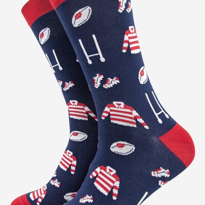 Men's Rugby Kit and Goal Print Bamboo Socks in Navy and Red