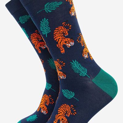 Chaussettes en bambou à imprimé feuilles de tigre et de jungle accroupies pour hommes