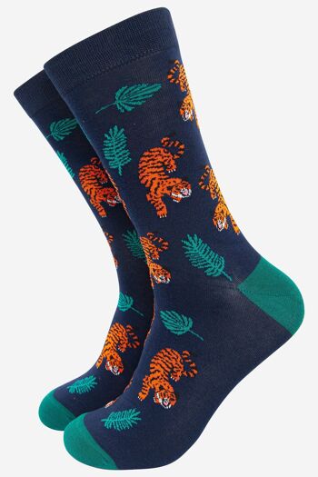 Chaussettes en bambou à imprimé feuilles de tigre et de jungle accroupies pour hommes 1