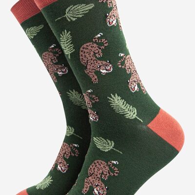 Chaussettes en bambou à imprimé feuilles de jungle Prowling Cheetah pour hommes