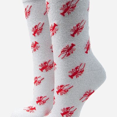 White Red All Over Lobster Print Glitter Socks