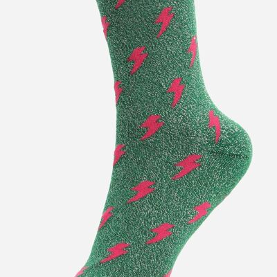 Green Pink Lightning Bolt Glitter Socks