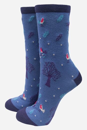 Chaussettes de Noël fantaisie en bambou pour femme - Chaussettes de Noël - Robin Birds Trees - Bleu 1