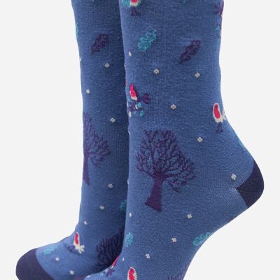 Calcetines navideños de bambú para mujer, calcetines tobilleros navideños, Robin, pájaros, árboles, azul