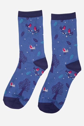 Chaussettes de Noël fantaisie en bambou pour femme - Chaussettes de Noël - Robin Birds Trees - Bleu 2