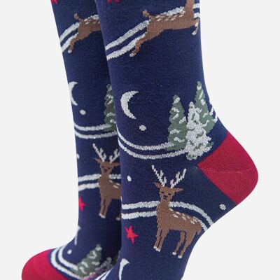 Damen-Socken aus Bambus, Weihnachten, Rentier, Weihnachtsbaum, Neuheit, Söckchen, Blau