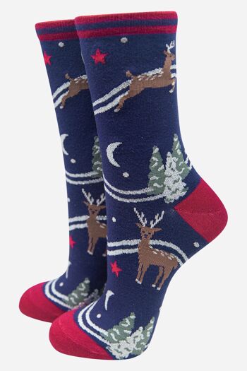 Chaussettes en bambou pour femmes, renne de noël, arbre de noël, nouveauté, chaussettes bleues 1