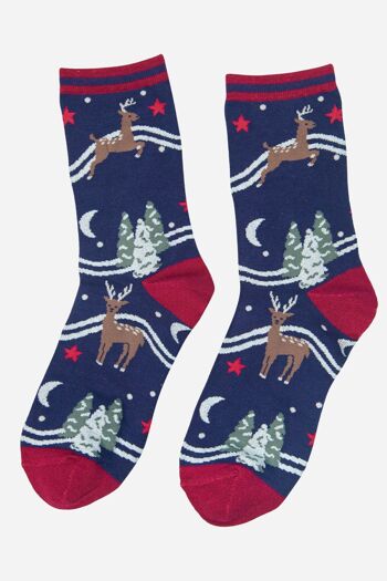 Chaussettes en bambou pour femmes, renne de noël, arbre de noël, nouveauté, chaussettes bleues 2