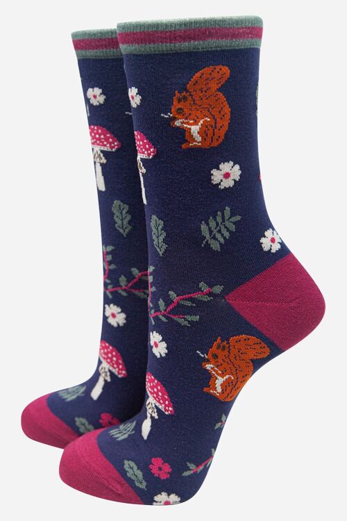 Women's Bamboo Socks Squirrel Ankle Socks Woodland Animals Toadstools Blue